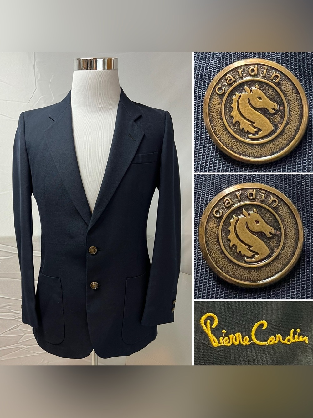Pierre Cardin Vintage Men's 38R Bronze Horse Head Button Navy Blazer Jacket Coat